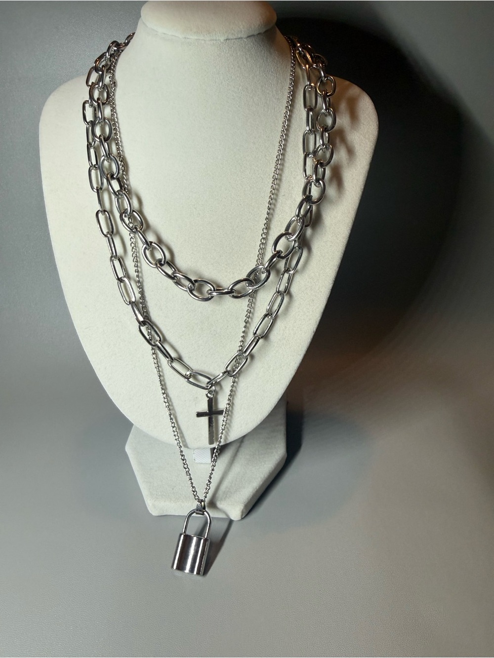 Layered Silver Padlock & Cross Chain Necklace - Women Jewelry